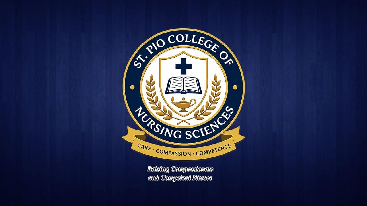 Logo of St. Pio College of Nursing Sciences with a shield, cross, open book, laurel branches, and the motto: Care. Compassion. Competence. Raising Compassionate and Competent Nurses on a blue background.