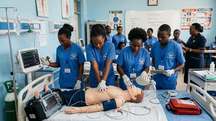 African nursing students performing basic first aid training on a patient during an emergency response simulation.