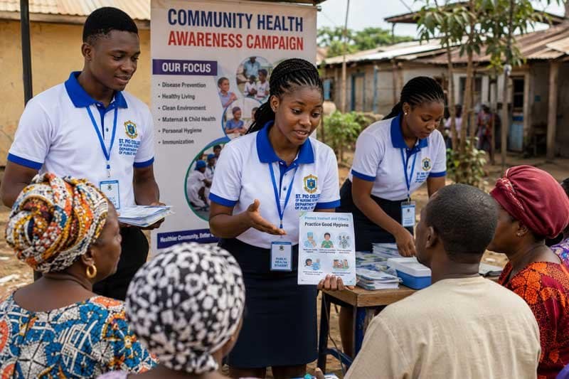 A group of young Black Nigerian public health students conducting community health outreach