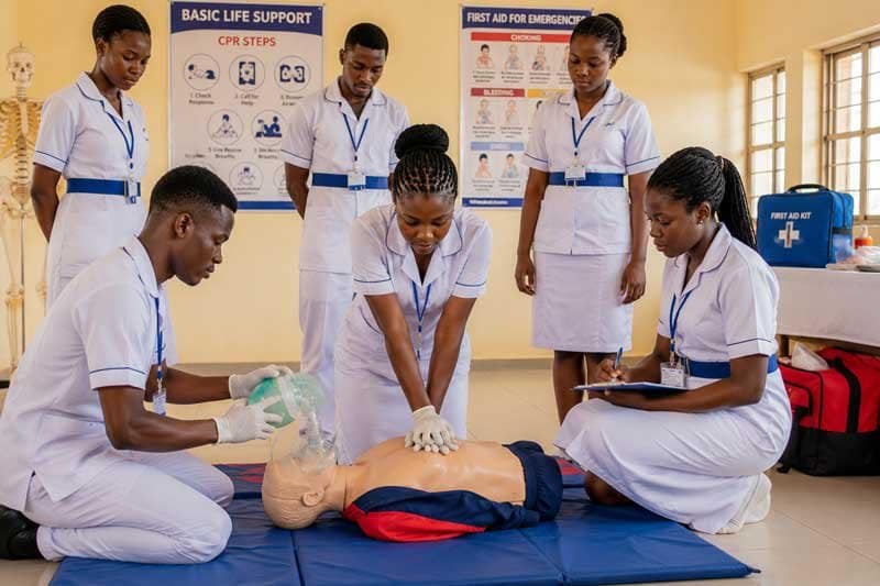 African nursing students performing basic first aid training on a patient during an emergency response simulation
